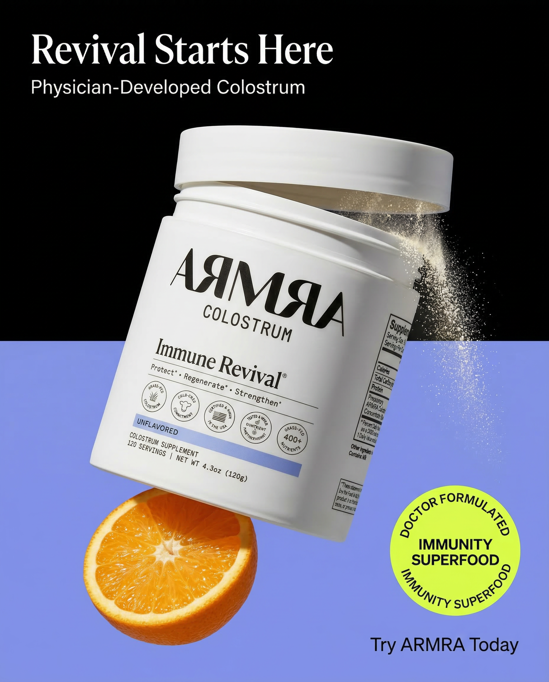AI photography for Amazon A+ Content — Armra colostrum hero composition with module-ready 970x600 framing