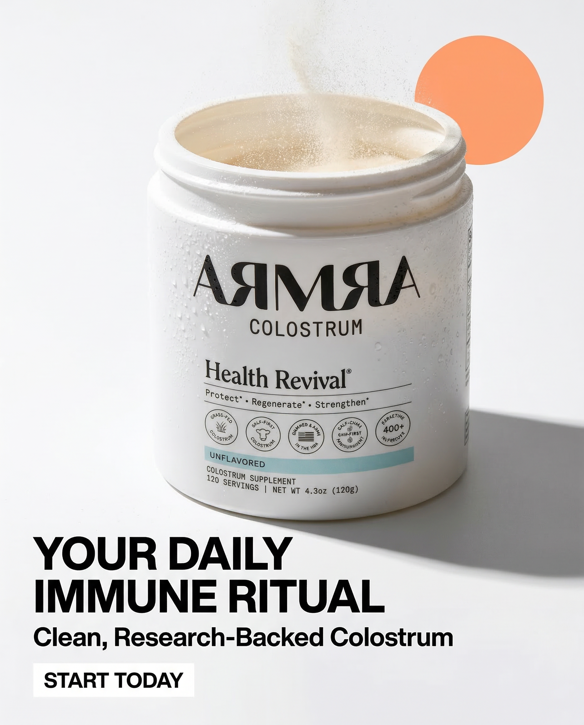 AG1-style supplement product photography — Armra colostrum finished glass frame closing the consumption loop