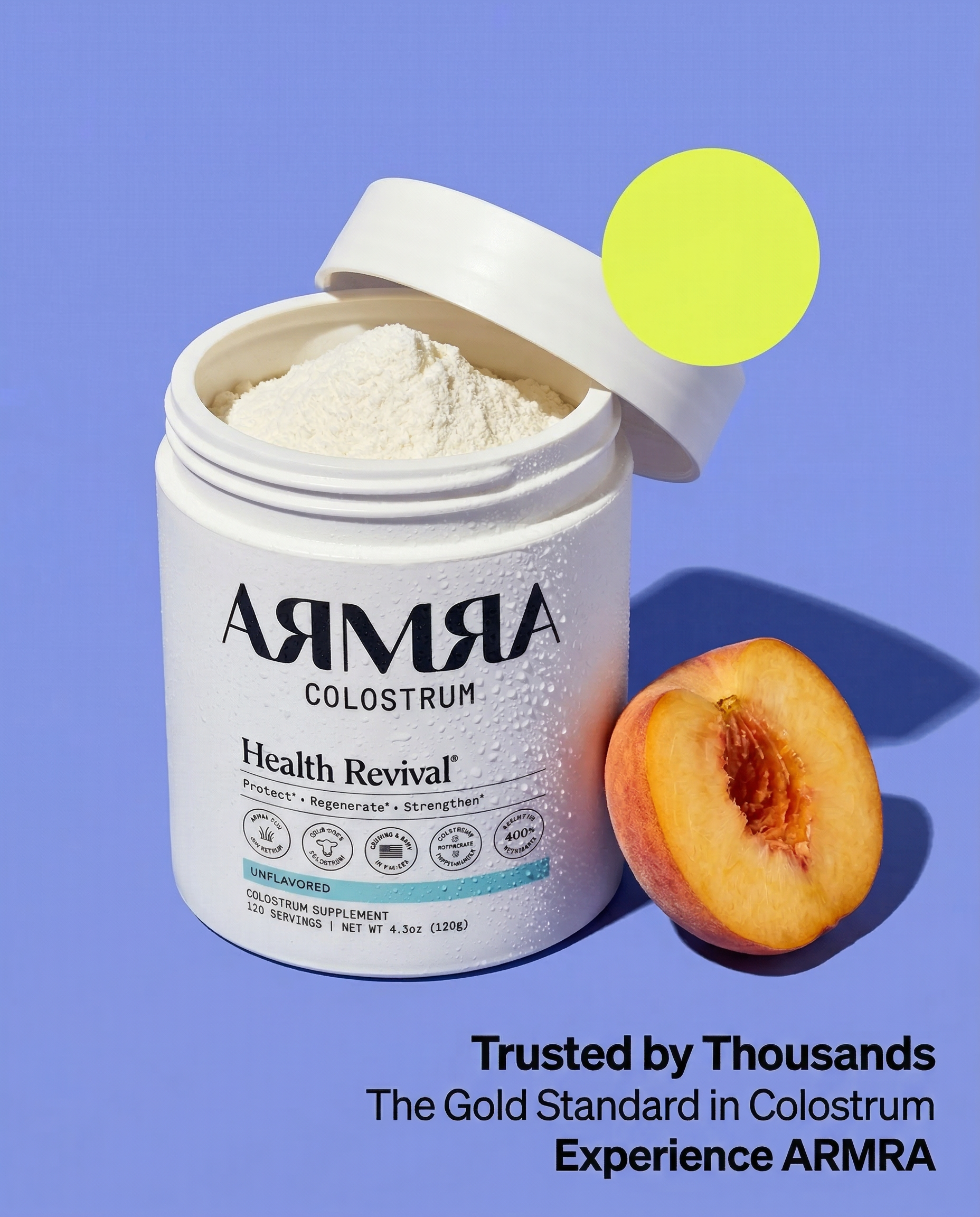 AG1-style supplement product photography — Armra colostrum dose and ritual frame for high-CVR PDP