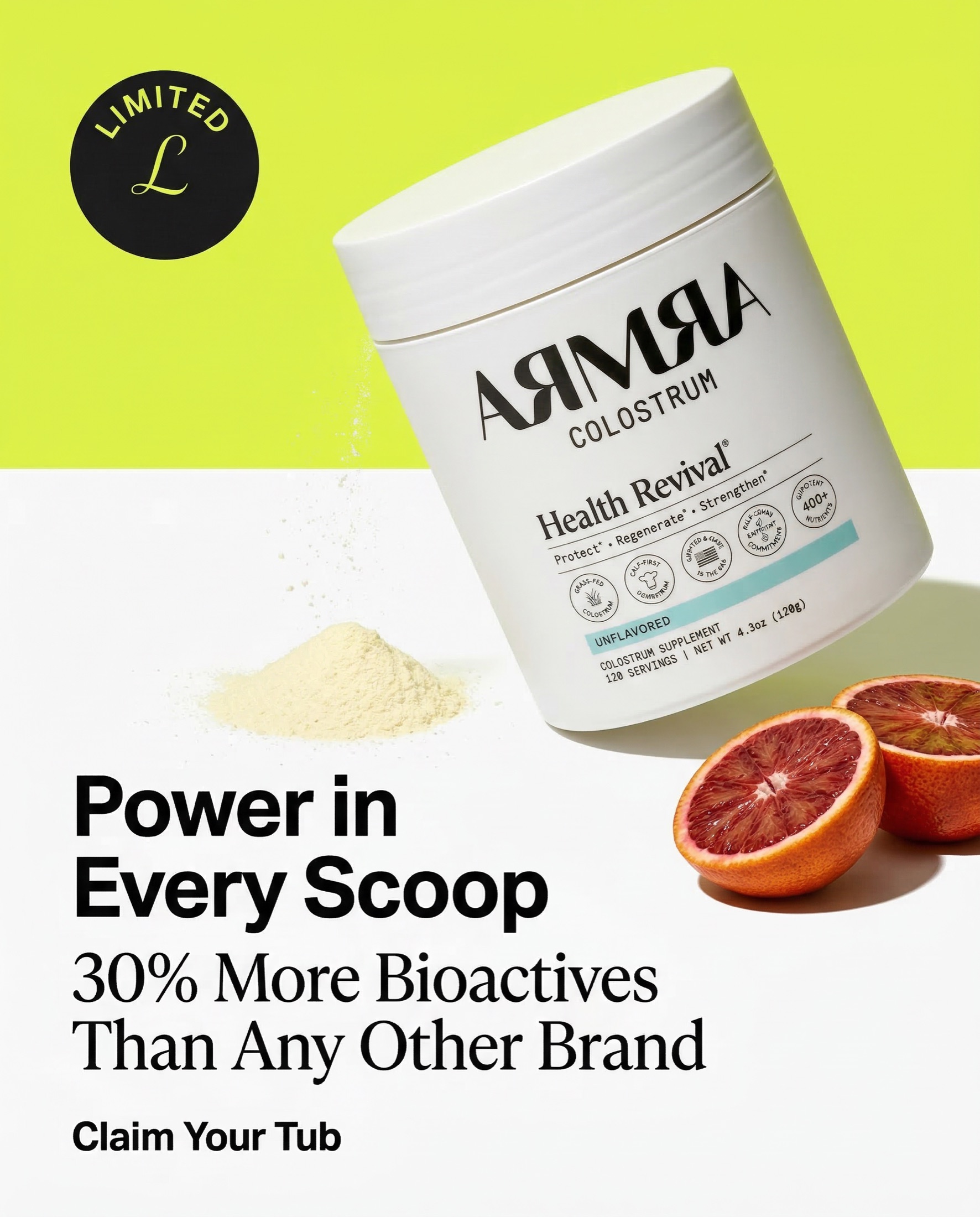Armra colostrum supplement ad creative — 'Power in Every Scoop'
