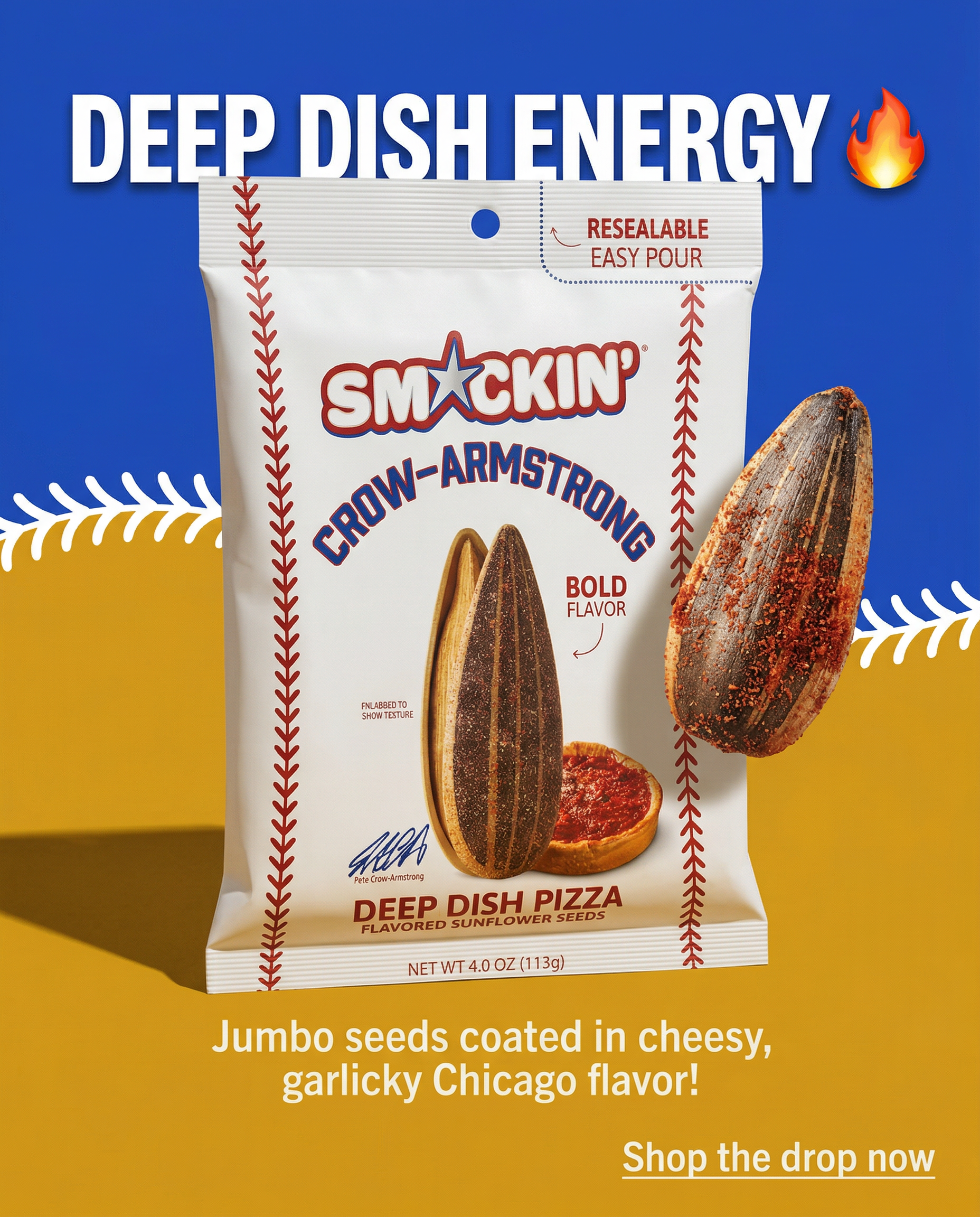 CPG snack brand photography for retail buyer meeting — Smackin sunflower seed bag GS1 hero on white