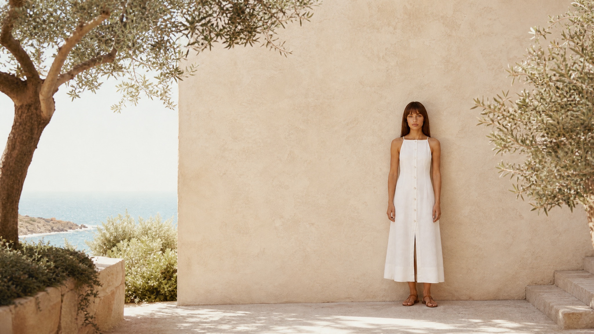 Veronica Beard coastal campaign — white linen maxi dress against a sun-warmed stucco wall above the Mediterranean