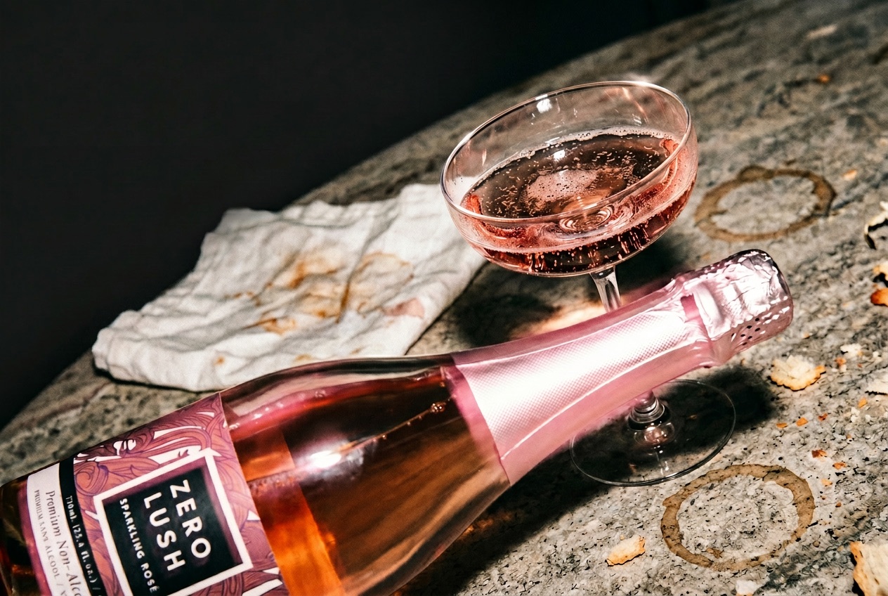 Zerolush non-alcoholic sparkling rosé editorial — bottle and coupe on stone