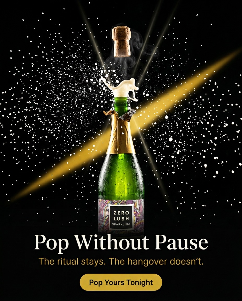 Zerolush sparkling celebratory pop against gold light — 'Pop Without Pause'